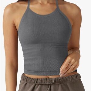 Gray Sleeveless Athletic Crop Top with High Neckline and Spaghetti Straps